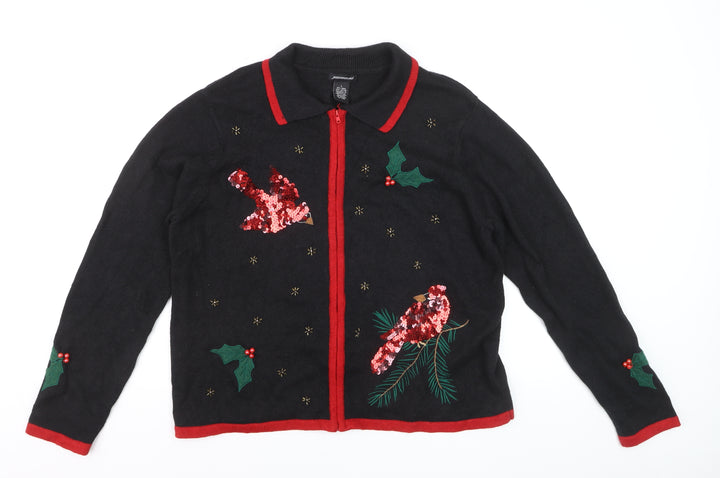 Jason Maxwell Womens Black L Collared Sequin Christmas Cardigan