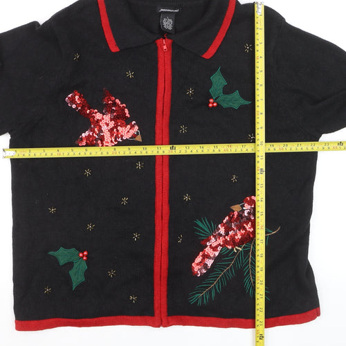 Jason Maxwell Womens Black L Collared Sequin Christmas Cardigan