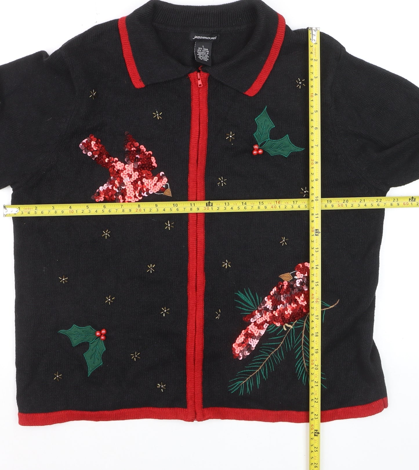 Jason Maxwell Womens Black L Collared Sequin Christmas Cardigan
