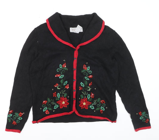 Tiara International Women's Black Christmas Cardigan M Embroidered Floral