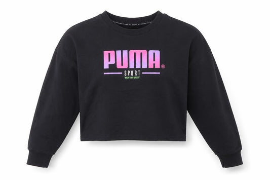 Front view of Puma women’s black xl cropped pullover sweatshirt with logo print