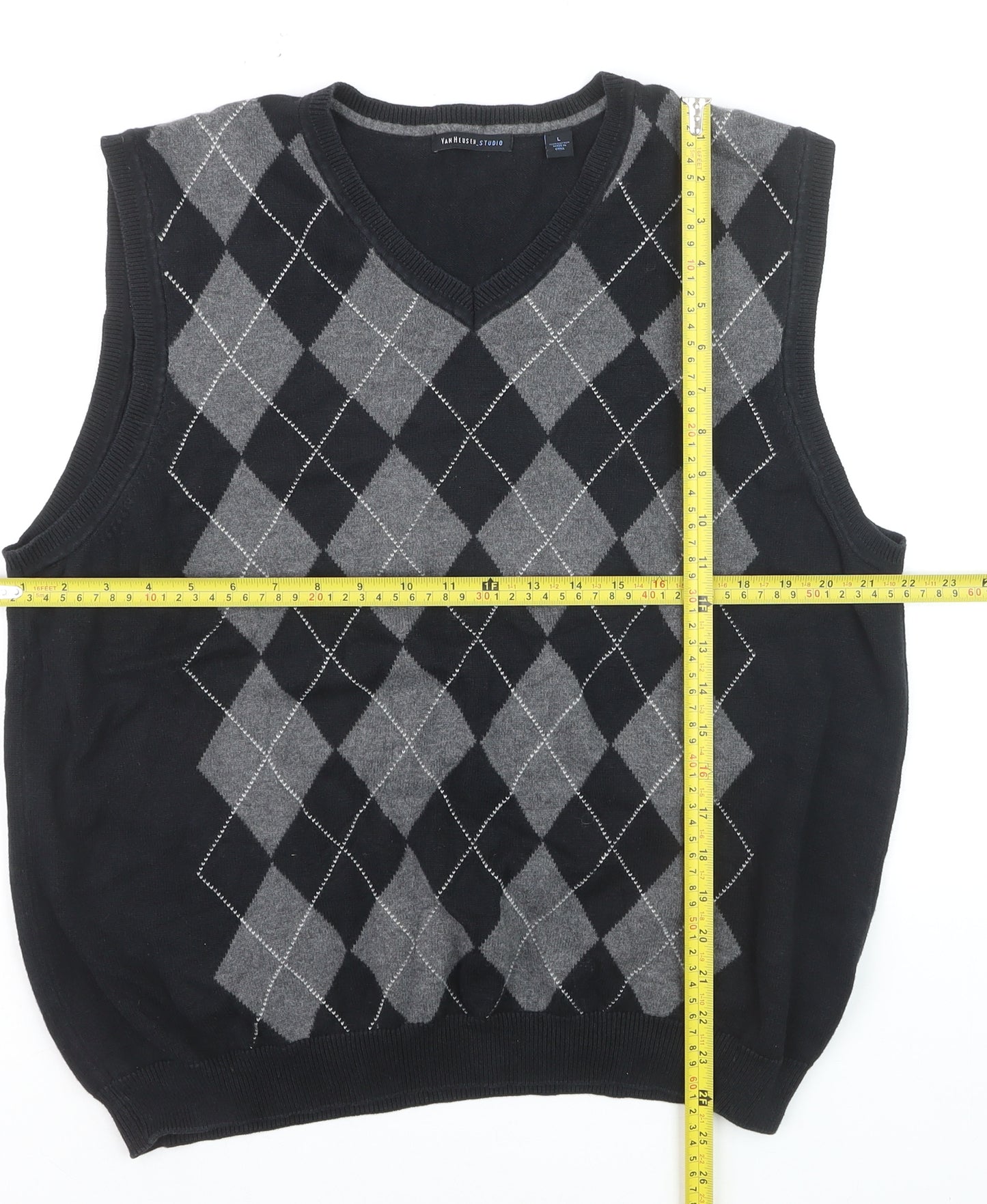 Van Heusen Men’s Black Argyle V-Neck Cotton Vest Jumper L