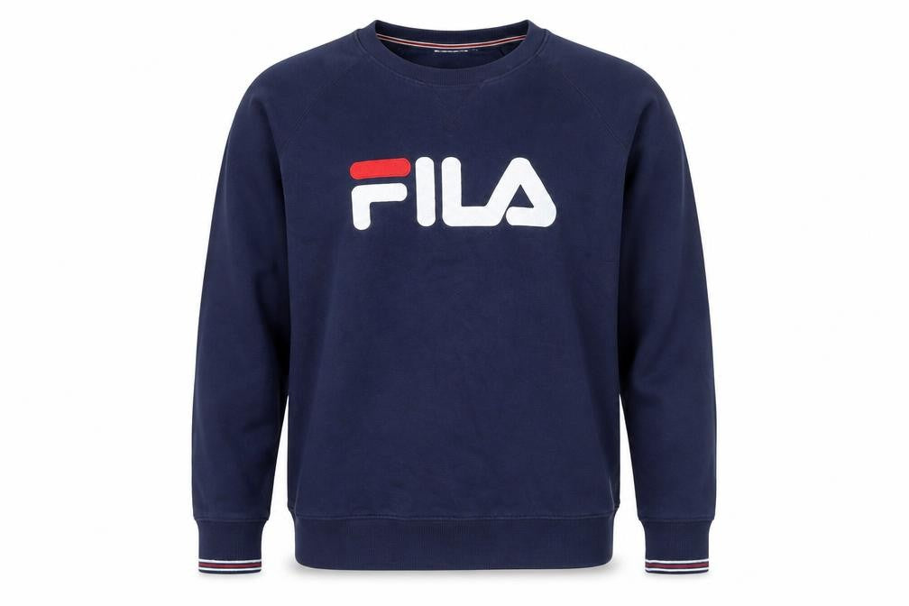 Front view of Fila Men's Blue Crew Neck Logo Sweatshirt, size M, Regular Fit