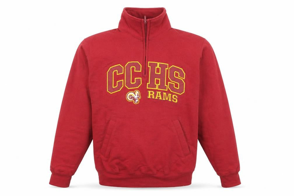 Front view of Champion men’s red small 1/4 zip fleece sweatshirt cchs rams