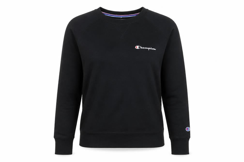 Front view of Champion women’s black small pullover sweatshirt logo crew neck