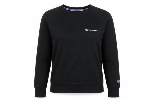 Front view of Champion women’s black small pullover sweatshirt logo crew neck