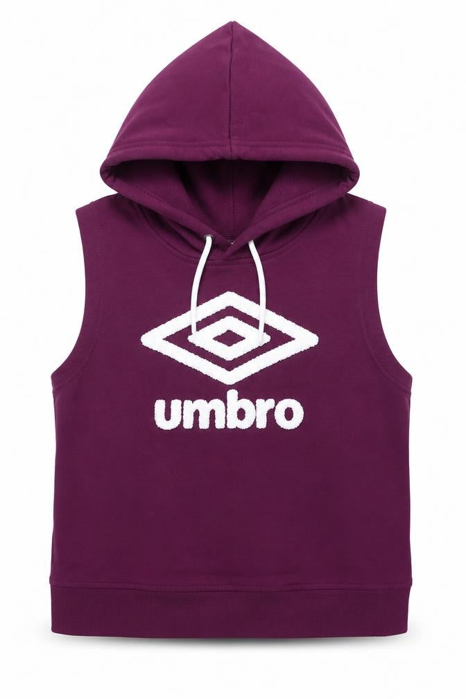 Front view of Umbro men’s purple sleeveless hoodie small polyester blend
