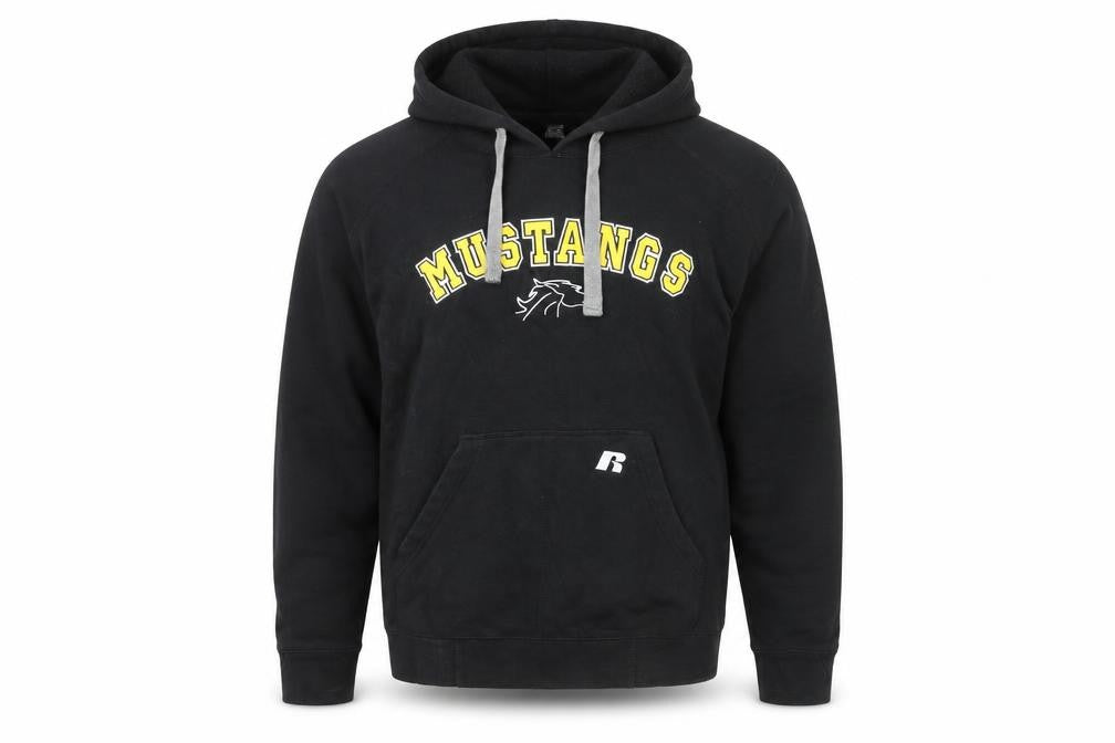 Front view of Russell Athletic Men’s Black M Pullover Hoodie Mustangs Sports Logo