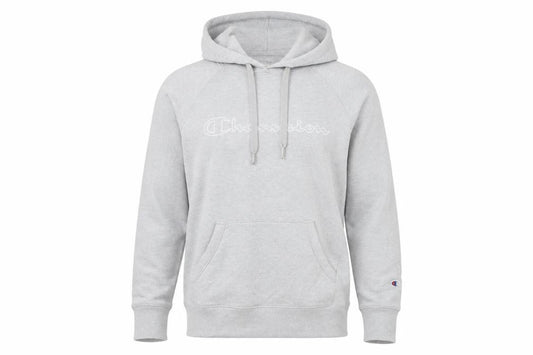 Front view of Champion men’s grey small pullover hoodie logo athletic sweatshirt