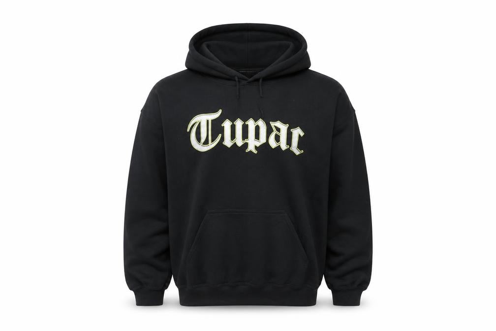 Front view of 2Pac Men's Black Pullover Hoodie Medium Graphic Fleece Streetwear