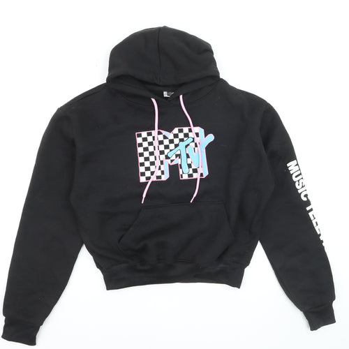 MTV Black Hoodie Women Medium Pullover Logo Graphic Print Sweatshirt