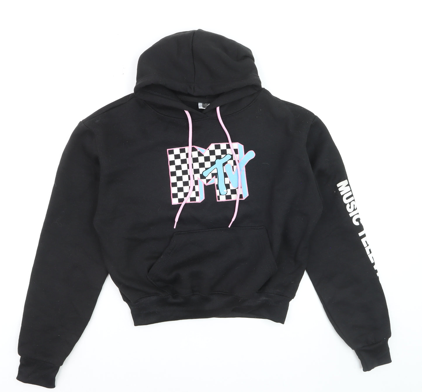 MTV Black Hoodie Women Medium Pullover Logo Graphic Print Sweatshirt
