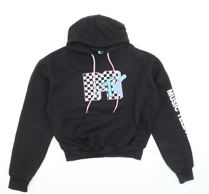 MTV Black Hoodie Women Medium Pullover Logo Graphic Print Sweatshirt