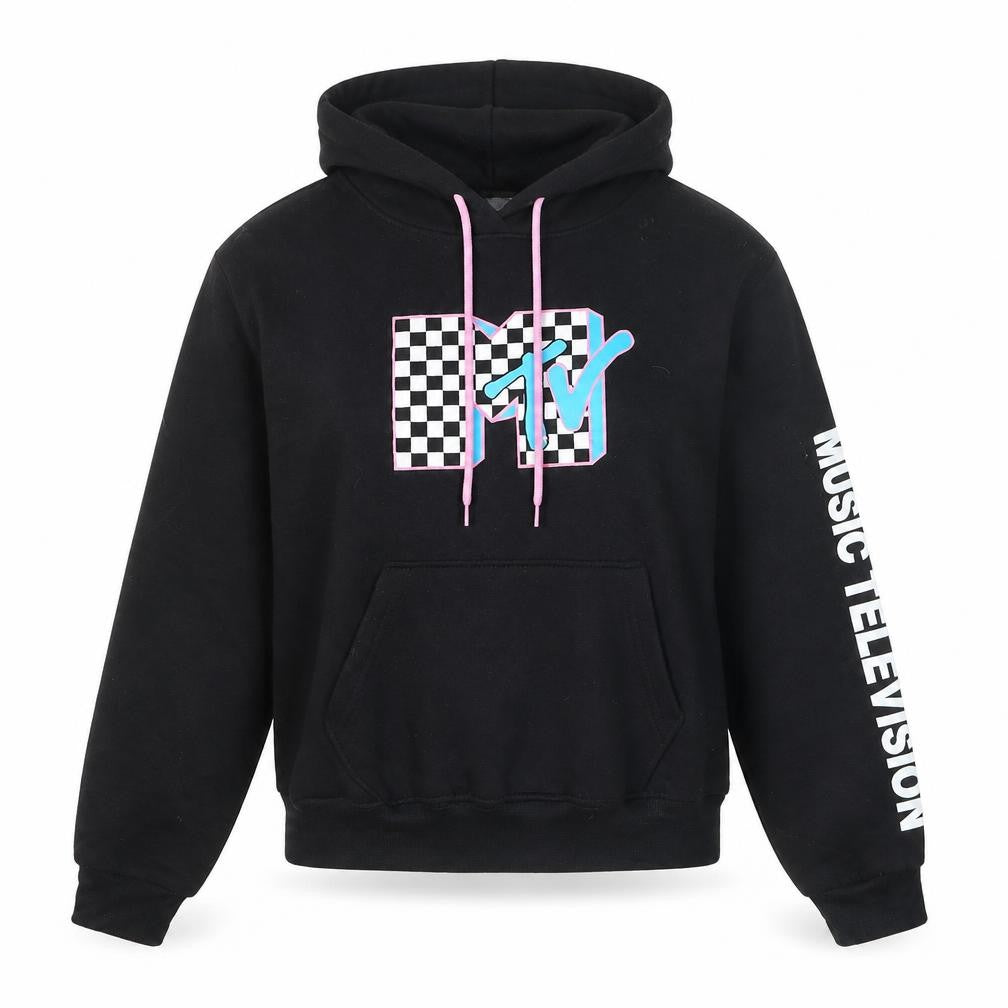 Front view of MTV Black Hoodie Women Medium Pullover Logo Graphic Print Sweatshirt