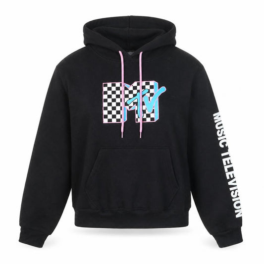 Front view of MTV Black Hoodie Women Medium Pullover Logo Graphic Print Sweatshirt