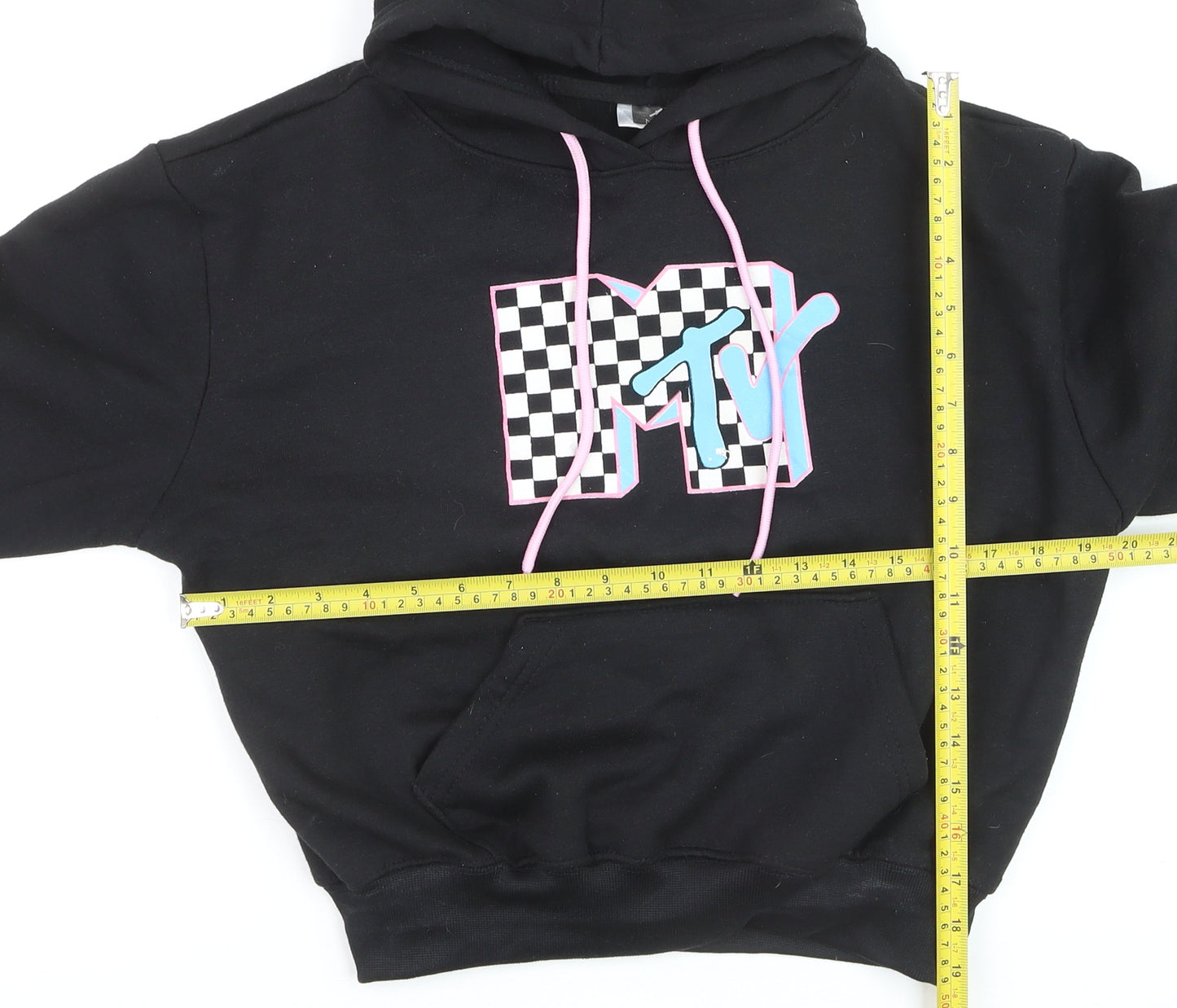MTV Black Hoodie Women Medium Pullover Logo Graphic Print Sweatshirt