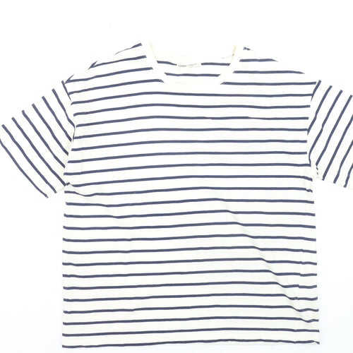 Pull & Bear Men's White Navy Striped Cotton Nautical Crew Neck T-Shirt M