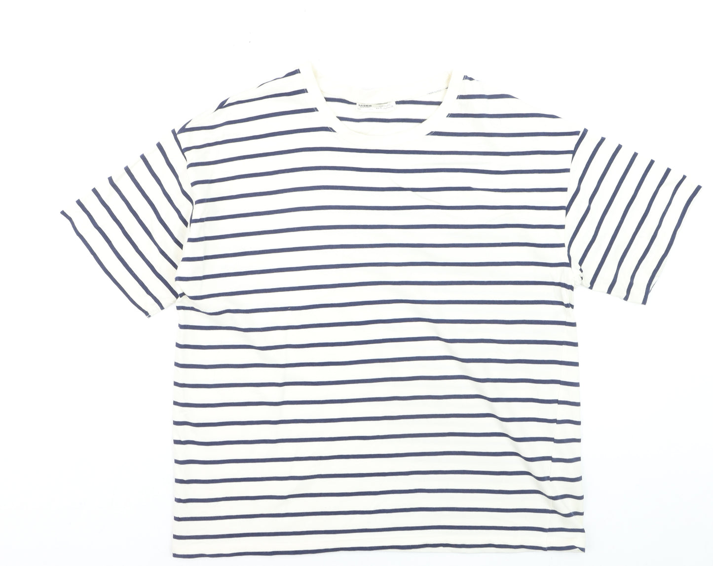 Pull & Bear Men's White Navy Striped Cotton Nautical Crew Neck T-Shirt M