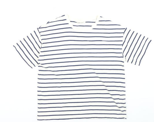 Pull & Bear Men's White Navy Striped Cotton Nautical Crew Neck T-Shirt M