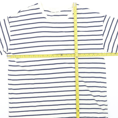 Pull & Bear Men's White Navy Striped Cotton Nautical Crew Neck T-Shirt M