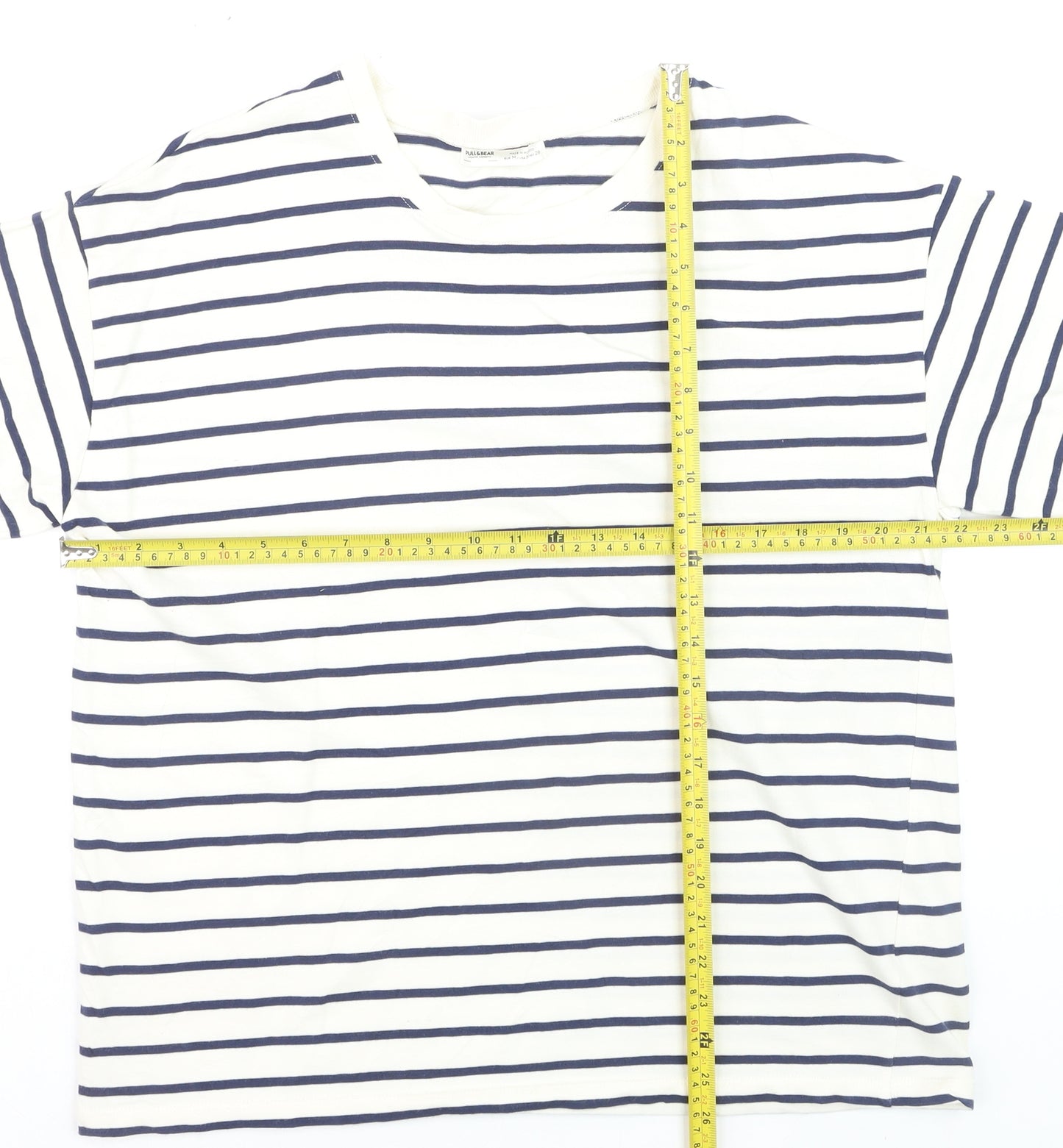 Pull & Bear Men's White Navy Striped Cotton Nautical Crew Neck T-Shirt M