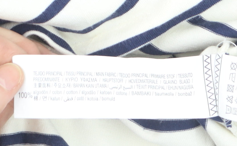 Pull & Bear Men's White Navy Striped Cotton Nautical Crew Neck T-Shirt M