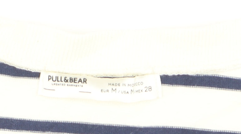 Pull & Bear Men's White Navy Striped Cotton Nautical Crew Neck T-Shirt M