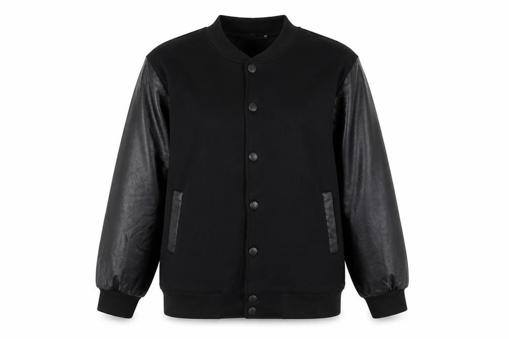 Front view of REVERIEUOMO unisex black xl varsity jacket button casual style
