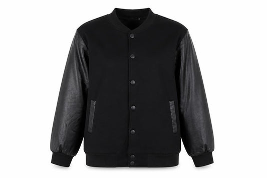 Front view of REVERIEUOMO unisex black xl varsity jacket button casual style