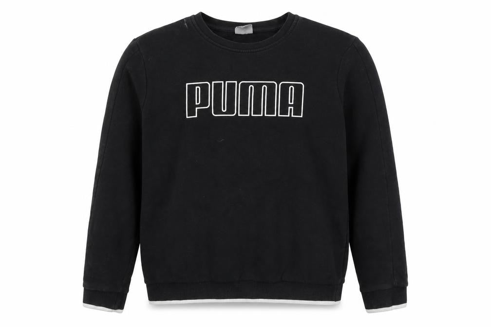 Front view of Puma women’s black crew neck pullover sweatshirt, size UK 16