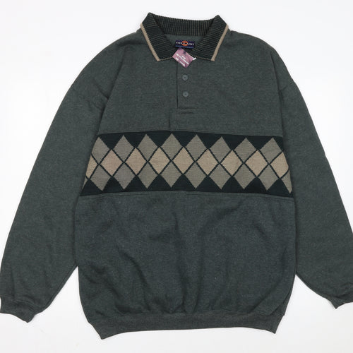 Gillani Men's Green Argyle Henley Sweatshirt XL Vintage Style