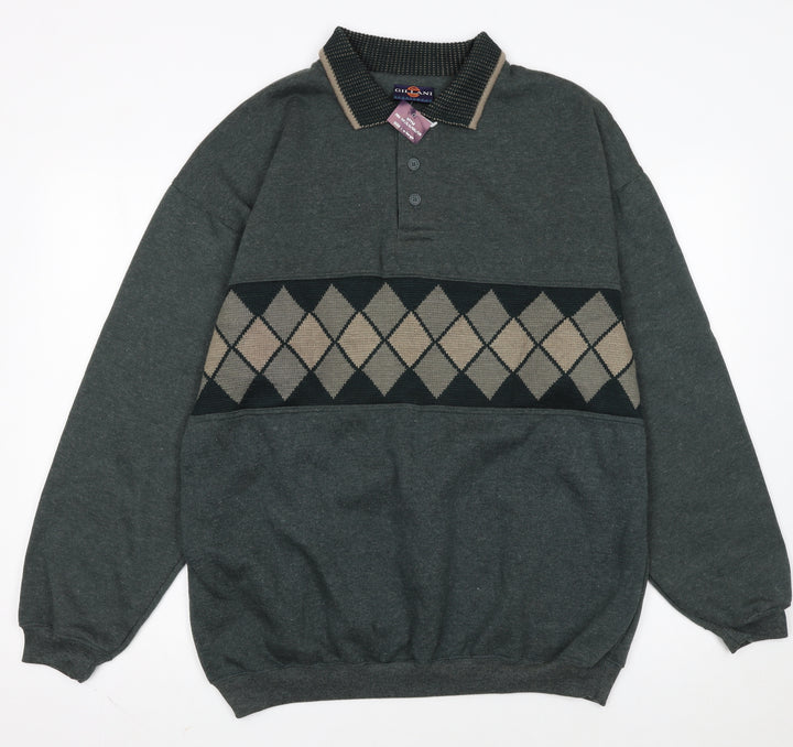 Gillani Men's Green Argyle Henley Sweatshirt XL Vintage Style
