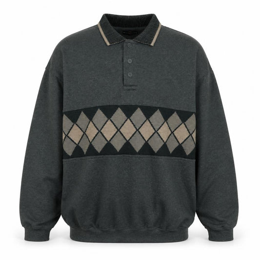 Front view of Gillani Men's Green Argyle Henley Sweatshirt XL Vintage Style