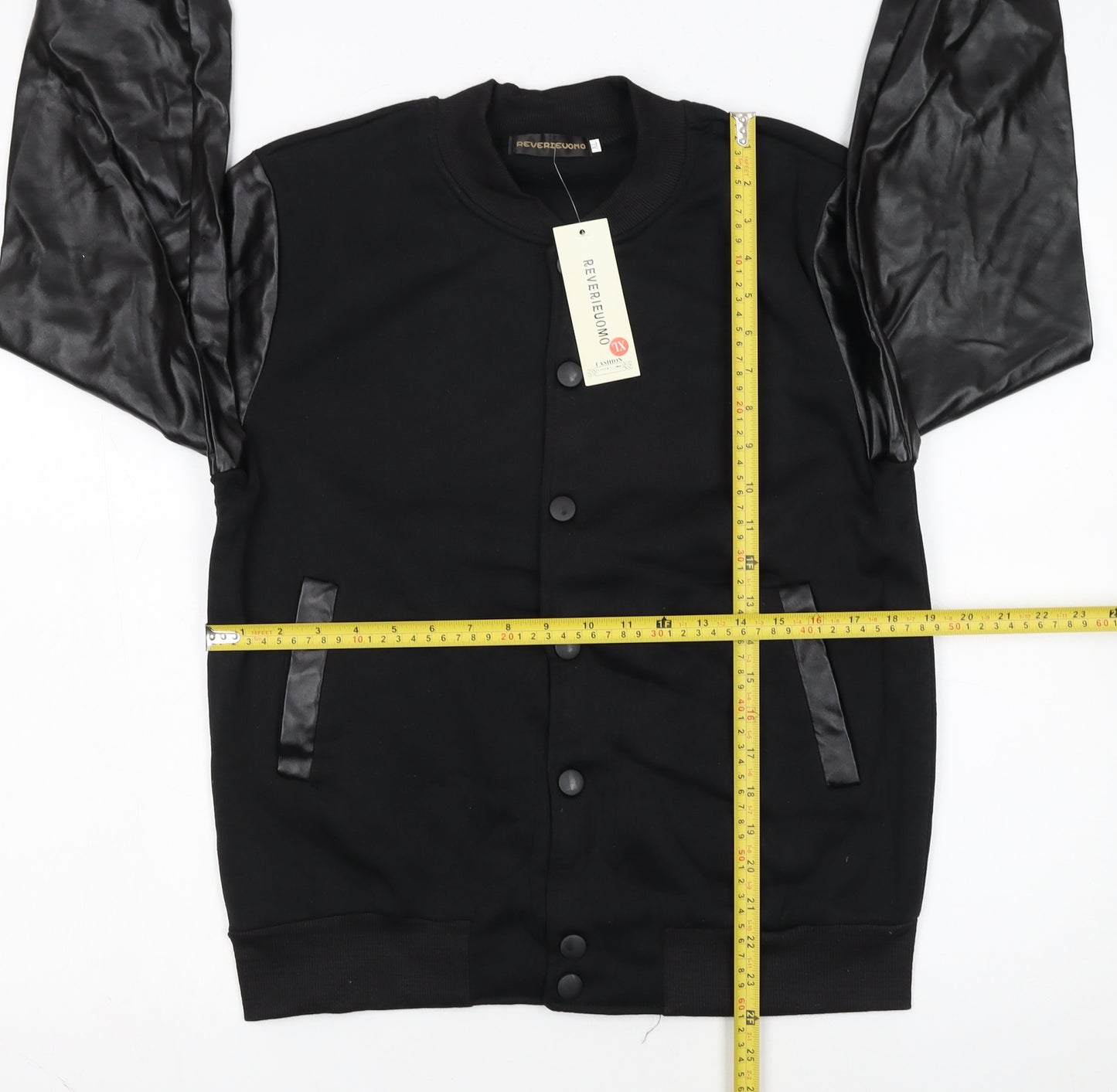Reverieuomo Unisex Black XL Varsity Jacket Faux Leather Sleeves