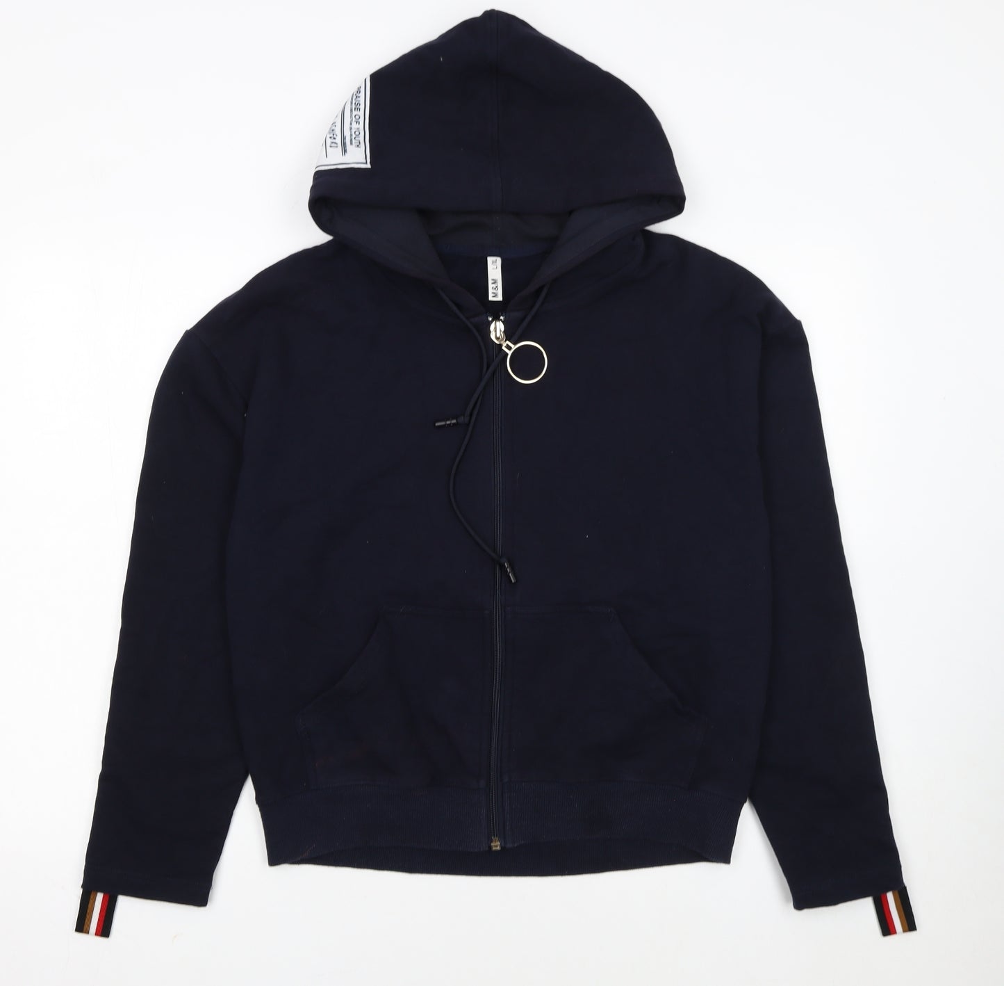 M&M Womens Navy Full Zip Hoodie L/XL Cotton Blend Stripe Trim