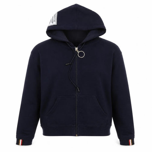 Front view of M&M women’s navy full zip hoodie l/xl cotton blend stripe trim