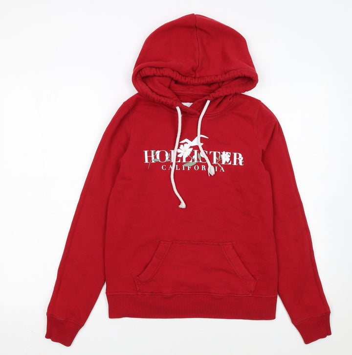 Hollister Womens Red Pullover Hoodie XS Logo Print Cotton Blend