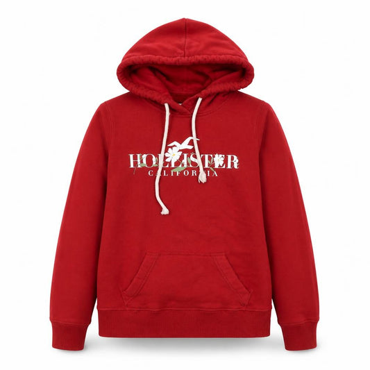 Front view of Hollister women’s red pullover hoodie xs logo print cotton blend