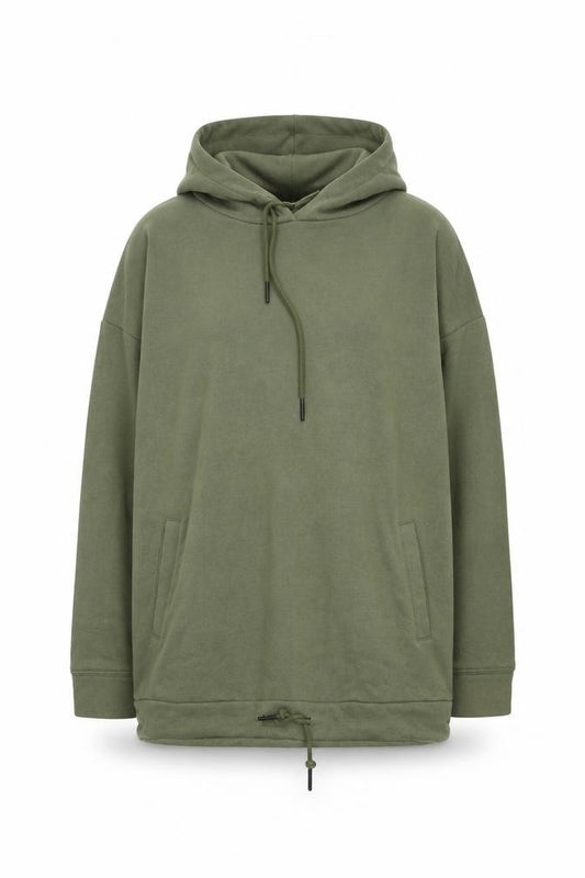 Front view of Noisy May women’s green pullover hoodie, size L, drawstring hem casual