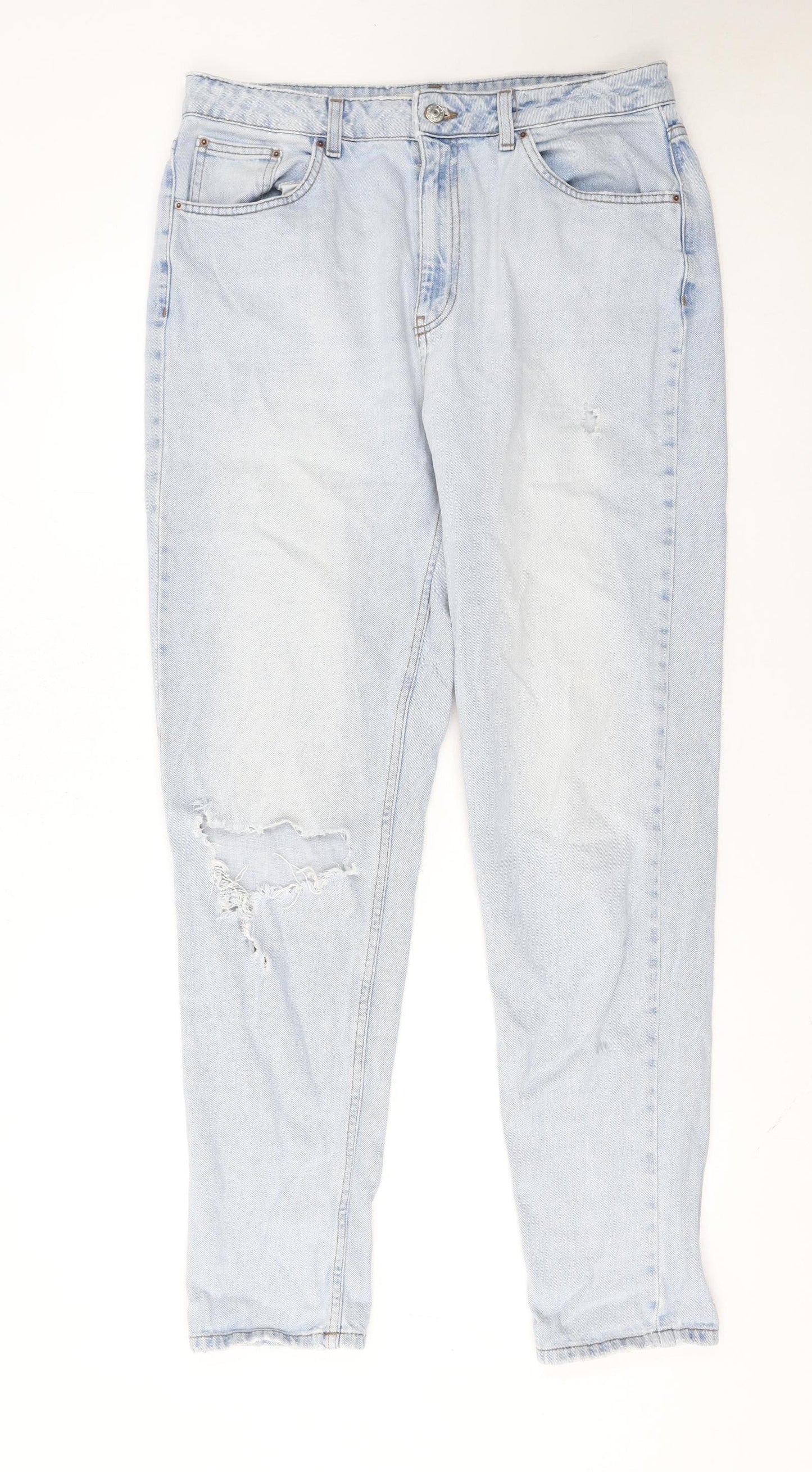 Topshop Women’s Blue Light Wash Distressed Mom Jeans Size 14