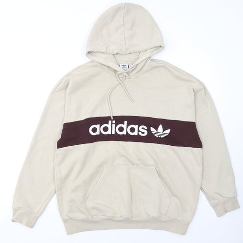 Adidas Women Beige Hooded Pullover Sweatshirt L 16-18 Logo Design