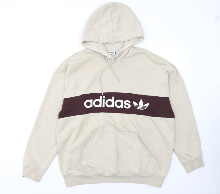 Adidas Women Beige Hooded Pullover Sweatshirt L 16-18 Logo Design