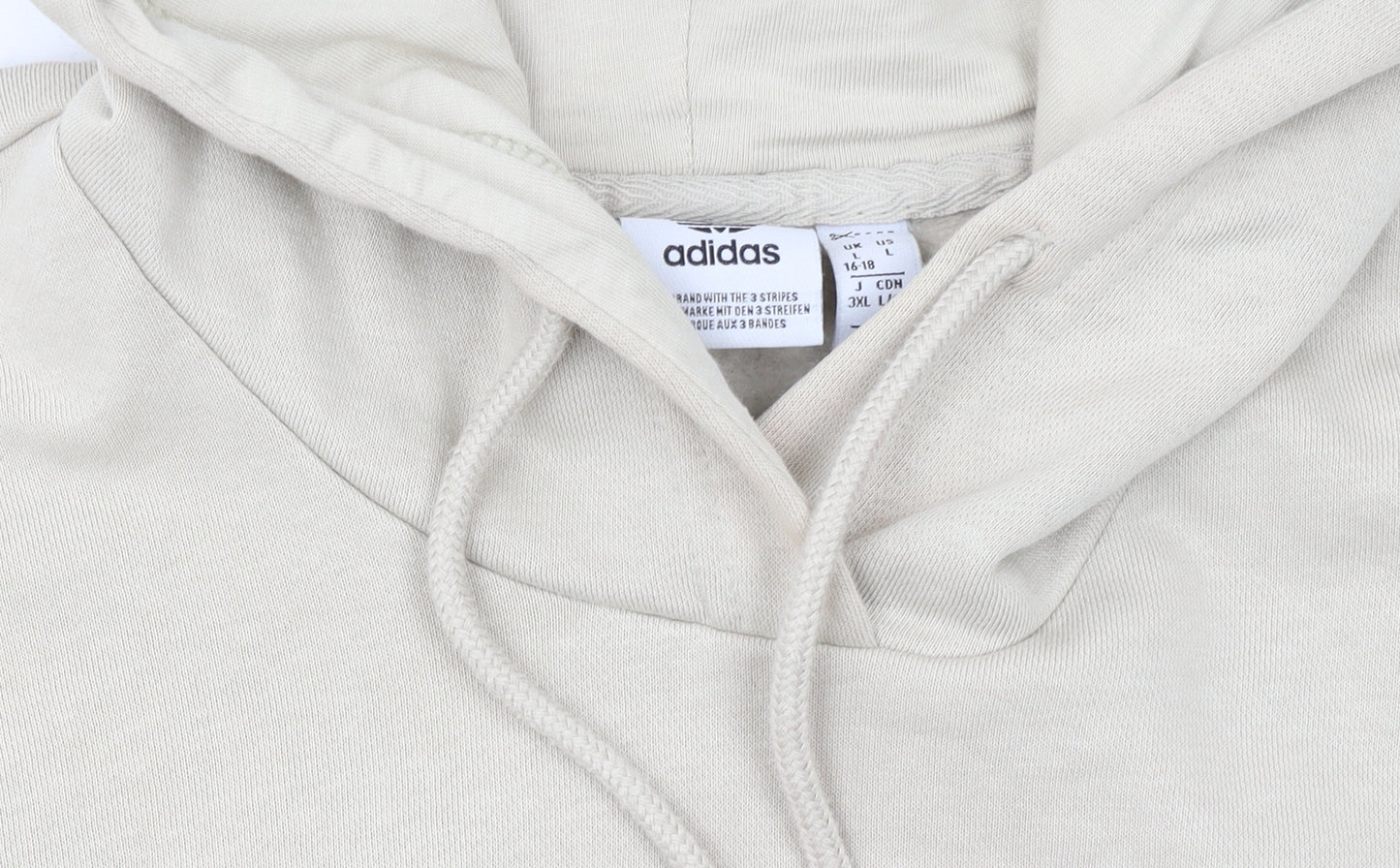 Adidas Women Beige Hooded Pullover Sweatshirt L 16-18 Logo Design