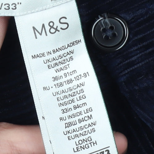 Marks and Spencer Men's Blue Corduroy Regular Fit Trousers 36W 33L