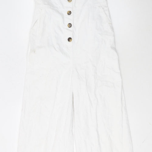 Topshop Women’s White Linen Blend Button Front Wide-Leg Jumpsuit UK 8