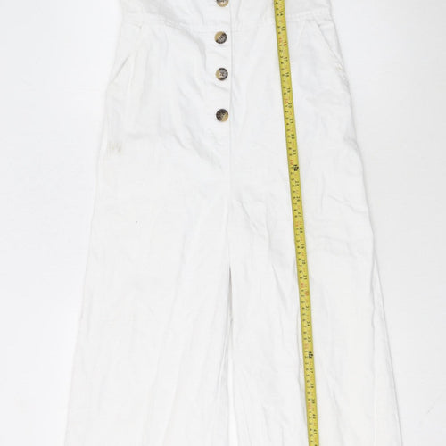 Topshop Women’s White Linen Blend Button Front Wide-Leg Jumpsuit UK 8