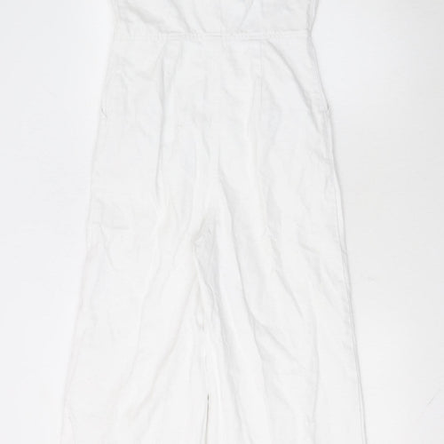 Topshop Women’s White Linen Blend Button Front Wide-Leg Jumpsuit UK 8