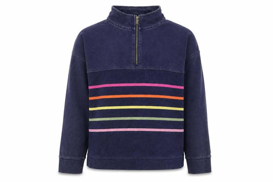Front view of FatFace Women Navy Striped 1/4 Zip Cotton Sweatshirt UK 10