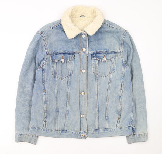 Topshop Women's Blue Denim Shearling Lined Jacket Size 16