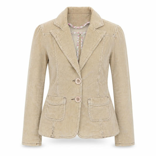 Front view of DNM Women’s Beige Corduroy Blazer, size UK 12, Regular Fit Single-Breasted Jacket